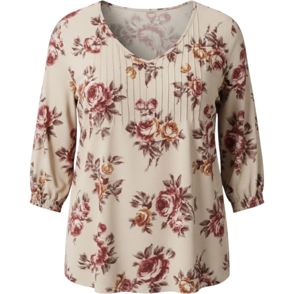 Woman Within Floral Pintuck Tunic Top Cream Burgundy Rose 3/4 Sleeve 26/28